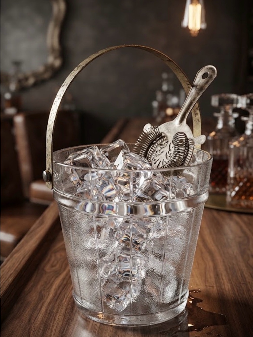 Vintage Clear Textured Glass Ice Bucket with Metal Swing Handle~Mid Century Era